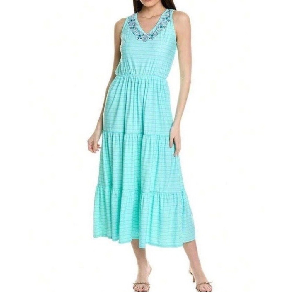 CABANA LIFE Size Large Naples Embroidered Tiered Midi Dress Cover-up Boho Beach‎